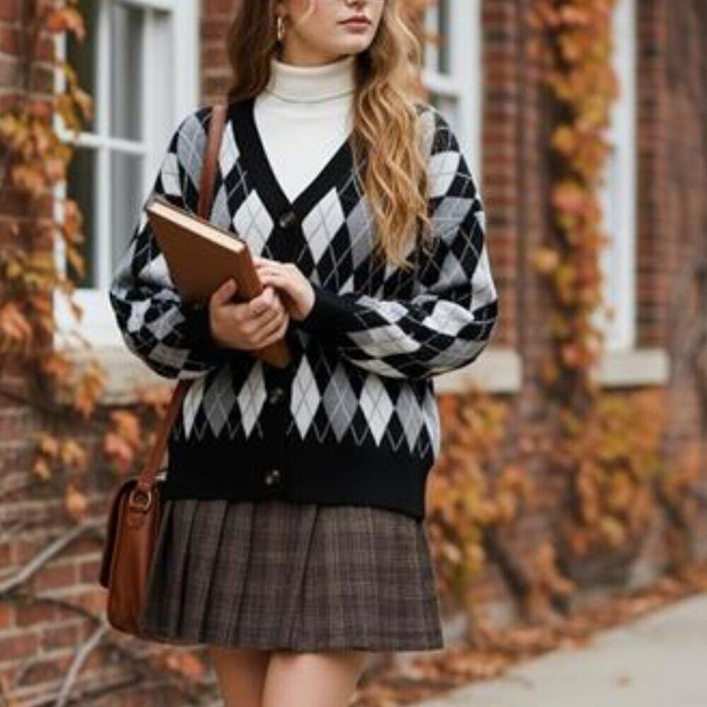 Women’s V-Neck Long Sleeve Open Front Chunky Knit Cardigan Black White & Grey